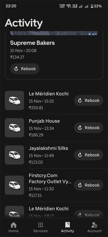 Uber activity screen showing several in-city rides in Kochi