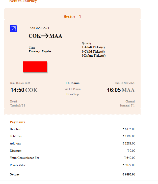 Flight booking receipt for the third adult, COK to MAA, paid mostly with points
