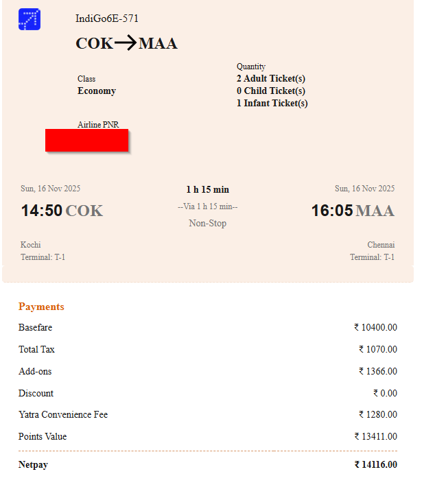 Flight booking receipt, COK to MAA, 2 adults and 1 infant, most of the fare paid with points