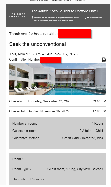 The Artiste Kochi booking confirmation, city view room with balcony, 2 adults and 1 child