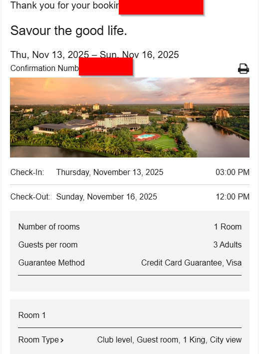 Le Meridien Kochi booking confirmation, club level guest room, 3 adults