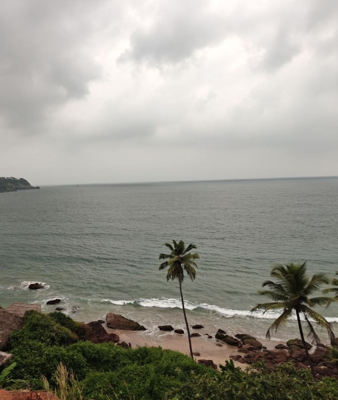 A rocky bay with palms under a cloudy sky